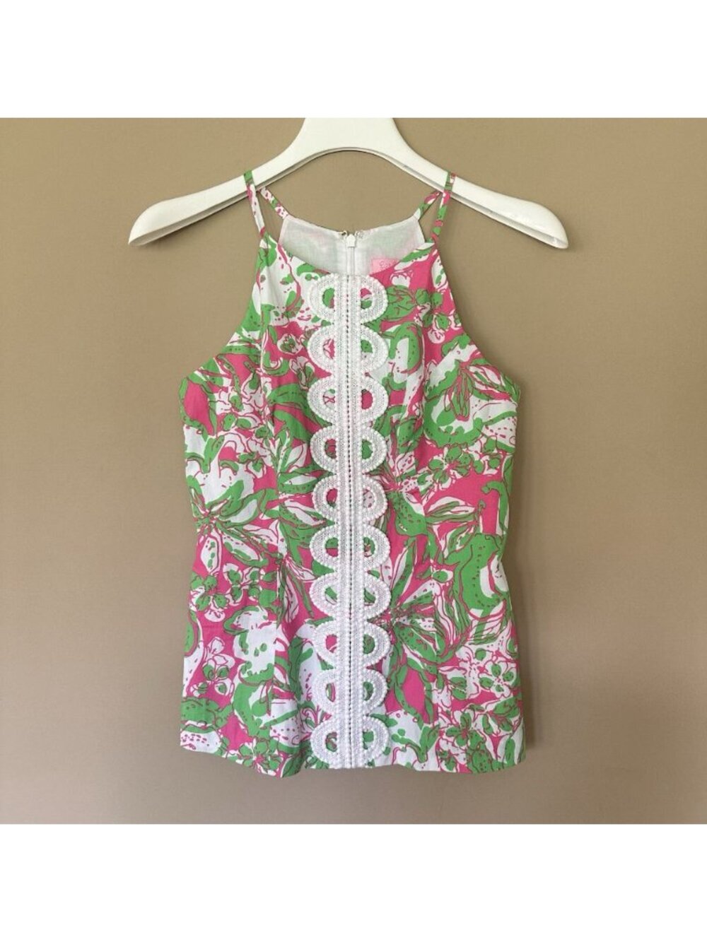 Lilly Pulitzer Anabelle Top sz 00 Hotty Pink Forgot My Trunks Floral Lace Trim - Picture 2 of 11